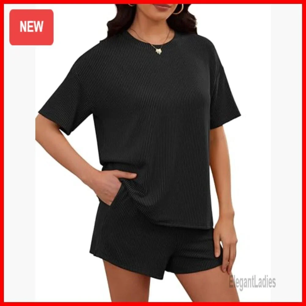 Ribbed Knit Lounge Set Short Sleeve Top and Shorts Matching Outfit